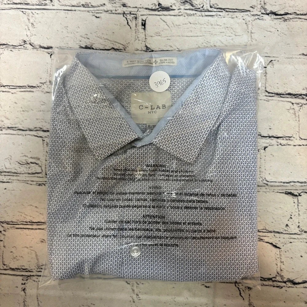 C-LAB NYC Mens XL Slim Fit 4 Way Stretch Blue Geometric Button Down Shirt 17.5 - Picture 9 of 9